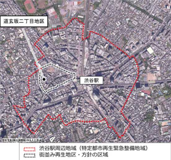 街並み再生地区の計画地。道玄坂と文化村通りの一帯となる、約8.5haが対象となる。 出所：東京都ホームページ