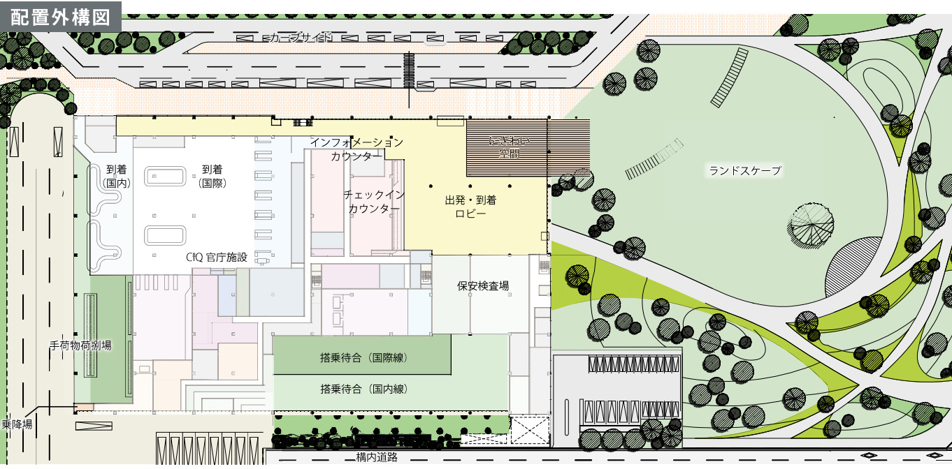 サブターミナルの配置外構図。出発・到着ロビーや保安検査場、CIQエリアなどのメイン機能が1階に集まっている（出典：神戸市）