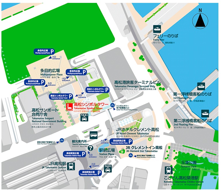 高松駅とサンポート高松エリアの地図。県立体育館の工事が進んでいるのは多目的広場の先、現在は緑に塗られているエリア。ホテルは高松港旅客ターミナルビルと書かれた一画が予定地