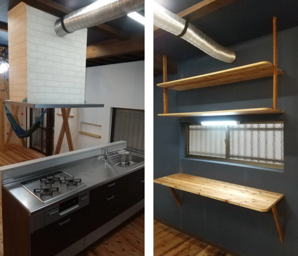 （左）住宅展示品で使われていた高級キッチンを使用 （右）素材に拘りキッチン背面に調理台を設置。職人さんに依頼するほどでもない工事はよっしーさんがDIYした