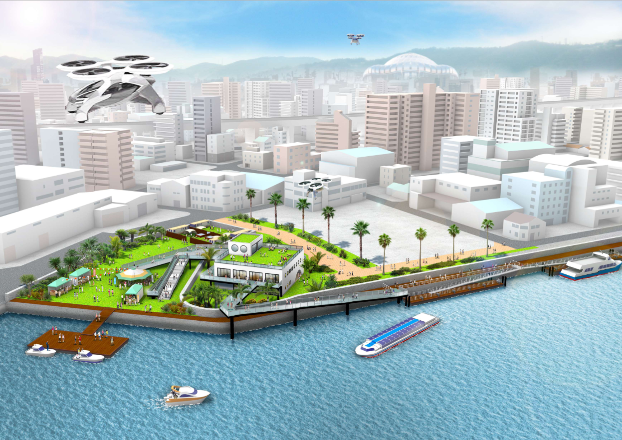 「中之島GATEターミナル」の完成イメージ図。2023年度中に着工し、2025年4月の万博開幕までの完成を目指す（出典：大阪府）