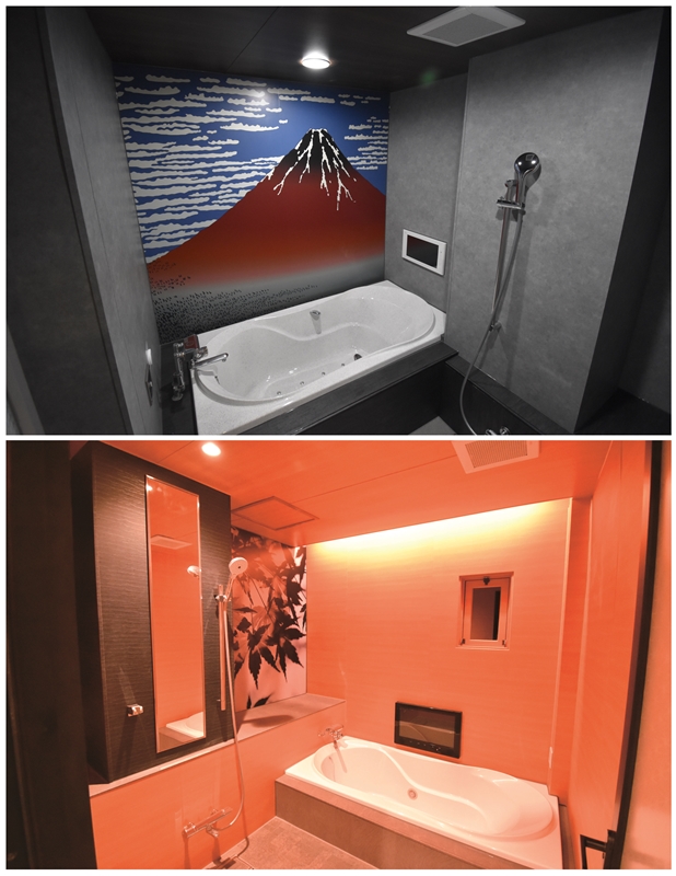 デザイン性の高いインクジェットシートを利用、浴室を部屋のように仕上げた例