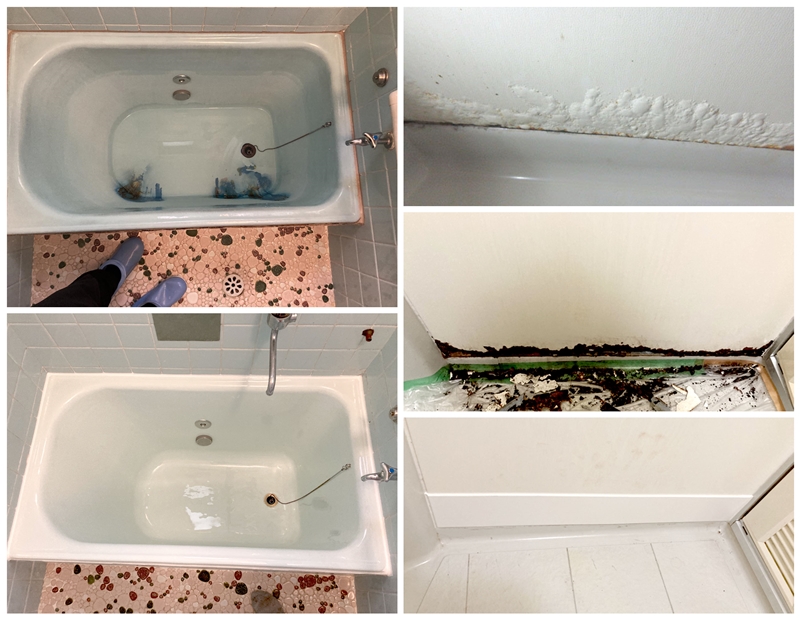 こちらは錆びの補修。左はホーロー浴槽の錆び、右の３点はユニットバス壁株の錆びの補修