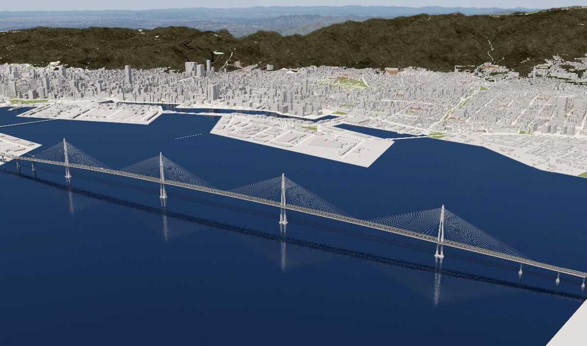 大阪湾岸道路西伸部は、新港、灘浜両航路を通る世界最大級の連続斜張橋があることが特徴（出典：阪神高速道路株式会社）