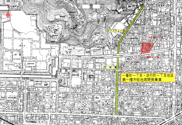 再開発事業の位置図。大街道とロープウェー街に近い立地。 出典：松山市ホームページ