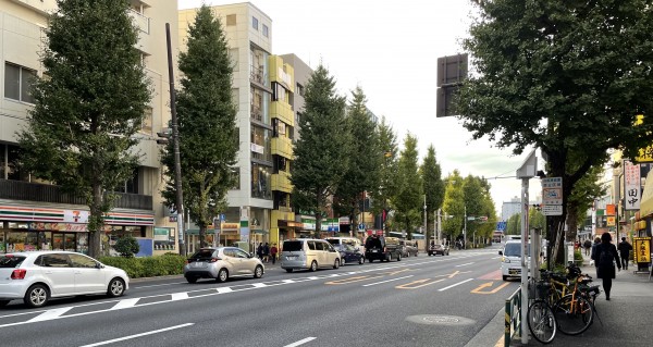 東高円寺駅前付近の青梅街道。道路の両端にコンビニや飲食店など各種商業店舗が立ち並ぶ。