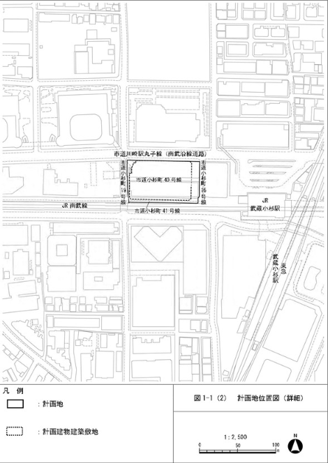 事業の位置図。現在は駐車場とビルがあり、解体を含めた工事期間は約53か月を予定している。 画像出典：川崎市