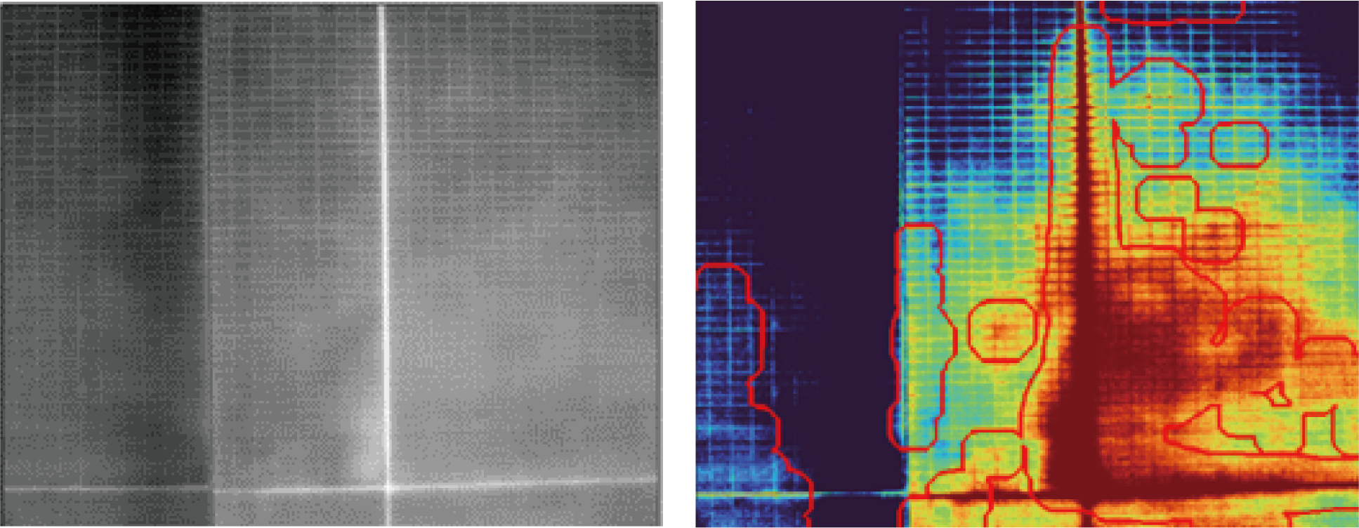左：ドローンで撮影した赤外線画像　右：AIにより解析された画像