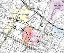 本八幡駅北口駅前地区第一種市街地再開発事業の位置図。JR本八幡駅と国道14号線に挟まれたエリア。 画像出典：市川市