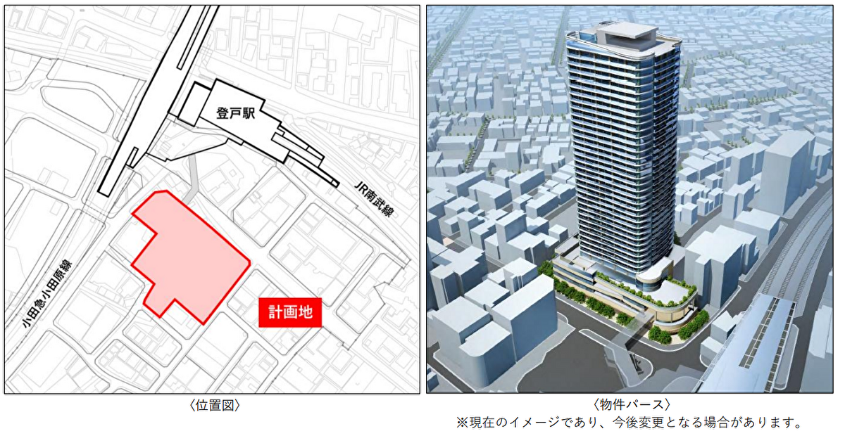 登戸駅前地区 再開発位置図と完成イメージ図