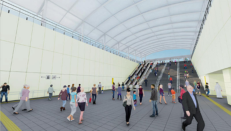 「夢洲」駅の内観イメージ。地上からの高さは約9.7mと開放的な空間が広がる（出典：大阪市）