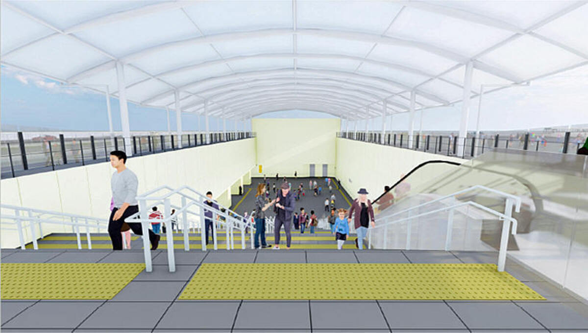 「夢洲」駅の内観イメージ。多くの駅利用者を見込み、階段幅はワイドな約10mに（出典：大阪市）