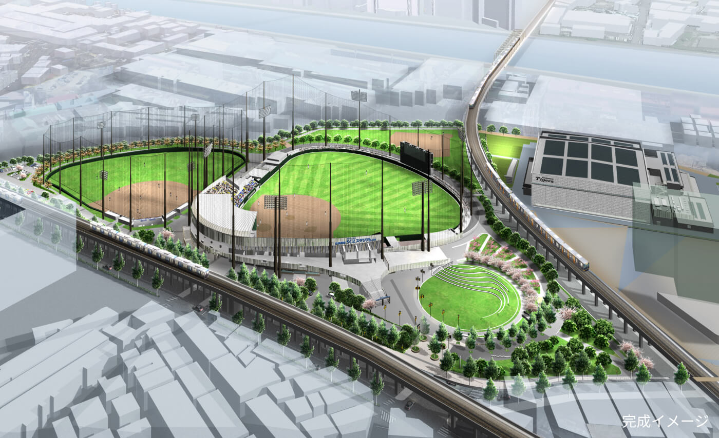 「ゼロカーボン ベースボールパーク」の主要施設であり、阪神タイガースファームの本拠地となる「日鉄鋼板SGLスタジアム尼崎」の完成イメージ（出典：阪神電鉄）