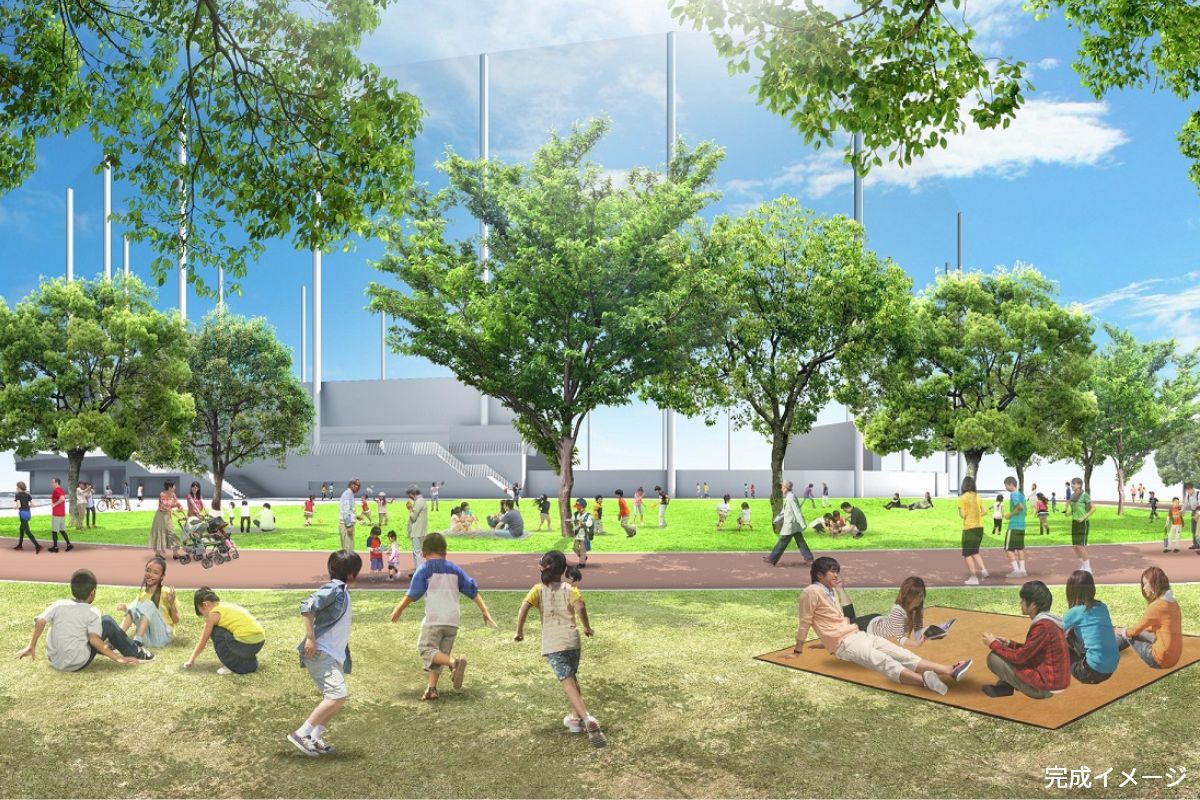 小田南公園広場の完成イメージ。芝生広場を整備するとともに、散歩やランニング等に活用できる周遊ルートなども設置予定（出典：阪神電鉄）