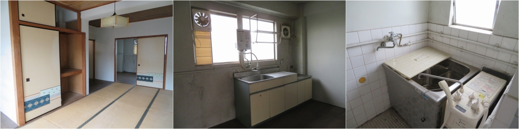 オリジナルに近い状態の部屋。和室にバランス釜、古いタイプの給湯器、換気扇。ただ、収納などは豊富に作られていることが分かる