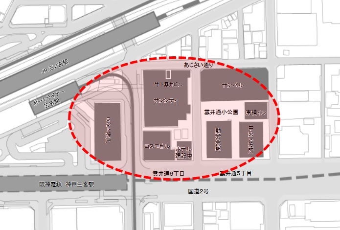 ピンポイントでバスターミナルビルの建つエリアを示した図